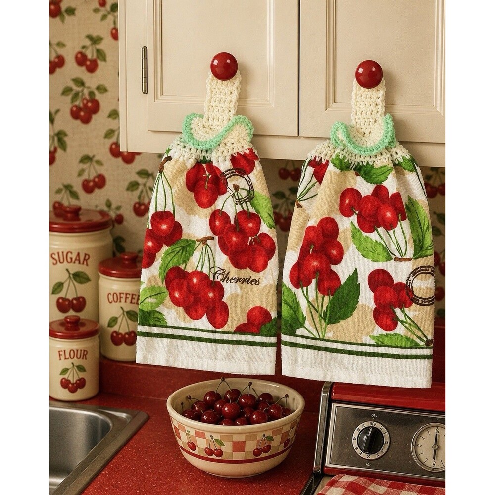 Set Of 2 Cherry Hanging Kitchen Towels Crochet Top Farmhouse Country Decor Chic